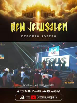 The cover image is a promotional graphic featuring a stylized religious scene. The top half displays a golden, ethereal depiction of an architectural structure bathed in light, possibly representing heaven or a grand religious edifice against a cloudy sky. Below, a live performance is captured on a stage with a band, featuring people in the audience and a large screen displaying the word 'JESUS'. The overall tones are warm and inviting, using a color palette that emphasizes golden yellows and blues.