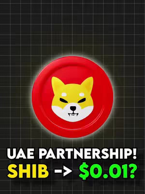The cover image features a stylized Shiba Inu coin logo with a red background and text overlays. The Shiba Inu logo, a white-faced dog with yellow fur, sits within a red circle. The background is a dark grid. Text at the bottom reads "UAE PARTNERSHIP! SHIB -> $0.01?" in bold, yellow and green fonts.