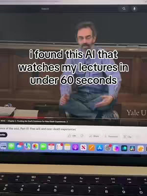 A man is sitting in a lecture hall in front of a laptop screen with a video playing. The screen has text overlaid on it. Text in image: i found this AI that watches my lectures in under 60 seconds.