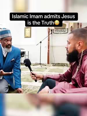 The cover image shows two men in a room which appears to be a mosque. The man on the left is wearing a blue suit and looking to the left and down, kneeling. The man on the right is wearing a maroon top and holding a microphone in front of his face and looking forward. A black banner with white text that says 'Islamic Imam admits Jesus is the Truth' is across the top of the image.