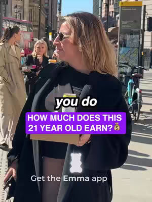 A woman with blonde hair and sunglasses is the central figure, standing on a city street. She is holding a small, round, yellow object, possibly a drink or a snack. A text overlay in a purple box asks a question about a 21-year-old's earnings. The background shows a street scene with other people.
