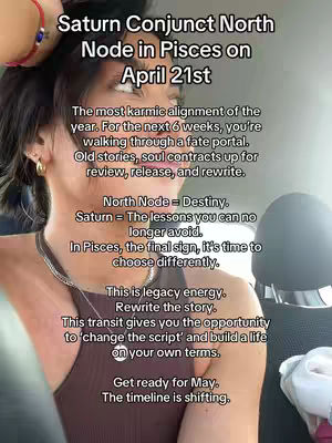 A woman is seen from the chest up, slightly off-center, with a portion of her arm and a dark-colored tank top visible. The background is partially obscured but appears to be inside of a vehicle. Text overlays, featuring white, sans-serif font on a dark background, are present on the image, detailing astrological information. The woman is looking upwards, with a neutral expression.