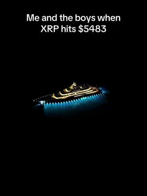 A dark image with a text overlay. The focal point is a brightly lit yacht floating in dark water. The text reads, 'Me and the boys when XRP hits $5483'.