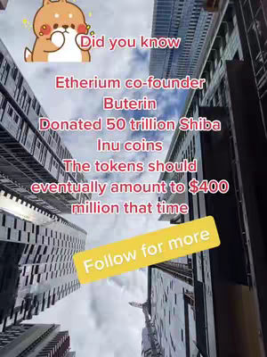 An upward-angle shot of tall buildings with a cloudy sky. Overlayed text in red and a yellow banner provide context and a call to action. A cartoon Shiba Inu is in the top left corner.