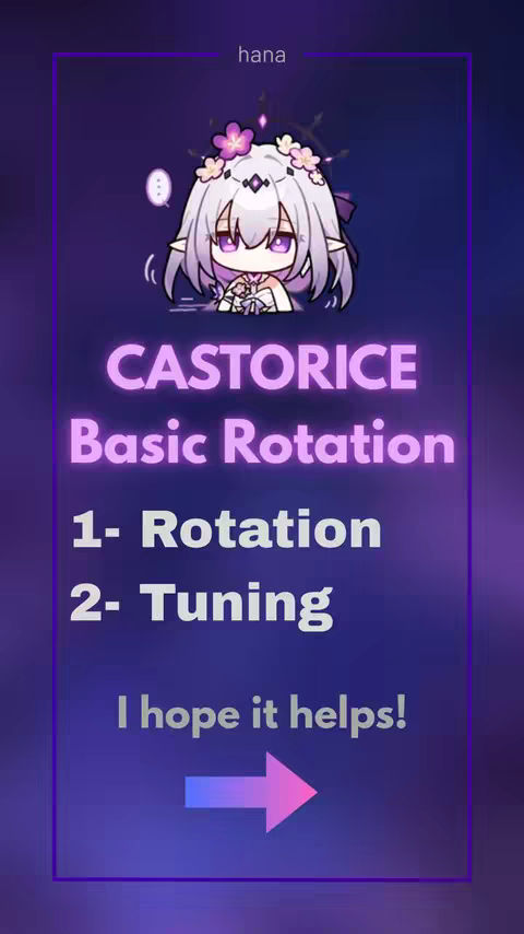 The cover image showcases a vertical layout with a gradient purple and blue background. At the top, a chibi-style character with white hair and a flower-like accessory is featured. Below, a text overlay in a vibrant purple font reads 'CASTORICE Basic Rotation', followed by numbered points: '1- Rotation' and '2- Tuning'. An arrow graphic points to the right below the text 'I hope it helps!'