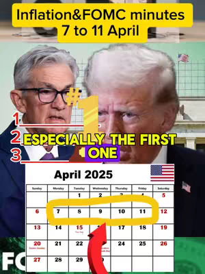 The cover image is a split composition featuring two main figures: Jerome Powell on the left and Donald Trump on the right. Behind them is a background of generic corporate buildings and the US flag and a calendar. A series of numbers and text overlays guide the viewer's attention to a specific week circled on the calendar. The text overlays indicate an informational video centered on financial events between 7-11 April.