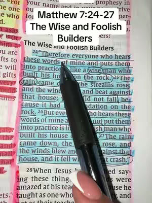 A person's hand holding a black pen pointing to a highlighted Bible verse, with additional text overlaying the image.