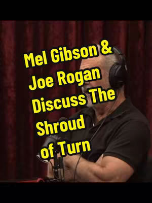 The image shows a man with headphones and a microphone, likely in a podcast or interview setting. The text overlayed is in a bold, yellow font against the man's face and a red backdrop, indicating a discussion about the Shroud of Turin. The composition is focused, with the man as the primary subject, and the text is clearly meant to draw attention.