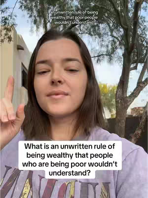 A woman in a purple shirt is centered in front of an outdoor background. The background consists of trees and building structures. Text overlays are present.