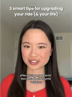 A woman with long dark hair in a red top looks directly towards the camera smiling in front of a bright background. Text overlays at the top say, "3 smart tips for upgrading your ride (& your life)" and at the bottom "after driving my parents' two decade old Toyota vehicles."