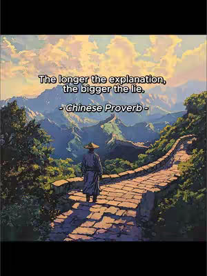 An aesthetically painted image of a man in traditional Asian attire walking away from the viewer on a stone path that winds along a mountain ridge. The background features layers of mountains in varying shades of blue and green under a sky filled with clouds. Text overlayed on the image displays a quote.