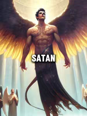 A digital artwork depicting a muscular man with dark hair and fair skin, featuring large feathered wings and a flowing dark garment. The man stands in a pose suggesting confidence or defiance. Above him, a glowing golden halo-like form provides a bright backdrop. The word 'SATAN' is overlaid on the image.