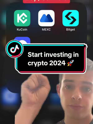 The cover image features a young man's face in the lower right corner, with the rest of the image displaying an app screen. Three app icons are visible at the top. Below the app icons and slightly off-center is a text bubble that says 'Start investing in crypto 2024 🚀'. The background is a blurred mobile screen with a dark tone.