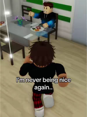 A Roblox scene depicts two blocky avatars in a home setting. One avatar sits at a table with food, while another runs toward the viewer with text overlayed. The scene is rendered in a simple, cartoonish style with basic colors.