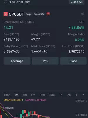 The image displays a cryptocurrency trading interface on a mobile device. Key financial metrics, including unrealized profit and loss (PNL), ROI, and margin information, are prominently featured. A candlestick chart at the bottom suggests real-time market analysis with price fluctuations. The overall design is modern, with a dark theme providing a focus on the trading data.