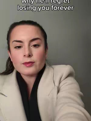 A woman with dark hair and a cream-colored blazer is centered in a close-up headshot. Text overlays the top, and a gray wall provides the background.