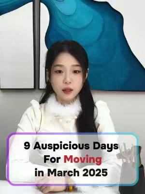A woman with long black hair wearing a white top is in the foreground of the cover image. Behind her are two abstract paintings in white and blue, which serve as the background. A rectangular label is at the bottom, displaying the text: '9 Auspicious Days For Moving in March 2025'.