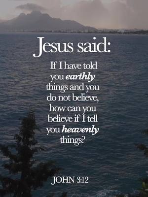 An image featuring a serene ocean scene with mountains in the background. The sky has a slightly overcast quality. Overlaid on the image is a quote from John 3:12, written in a clean, white font, along with the associated reference at the bottom.