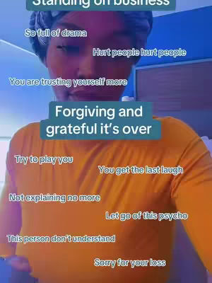 A woman with a blue head covering is shown from the chest up. Text overlays on the image include phrases about relationships and personal well-being.