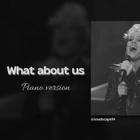 The cover image is a split-screen style, with a black and white shot of a female singer on the right, holding a microphone and singing emotively. The left side features the text overlay: 'What about us' and 'Piano version'.