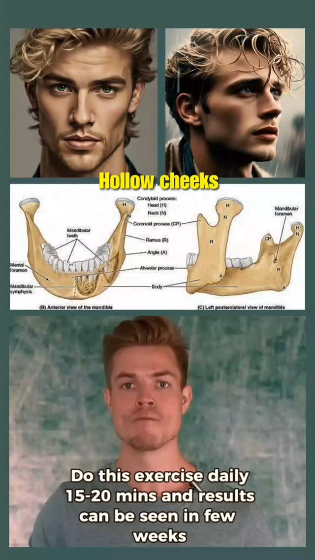 The cover image is a vertical collage. At the top are two stylized portraits of a fair-skinned man with blonde hair, styled differently in each image, highlighting defined cheekbones and jawlines. Below them is a detailed illustration of the human mandible, labeled with anatomical details. At the bottom is a selfie of a man looking straight at the camera with a neutral expression, and a text overlay below him.