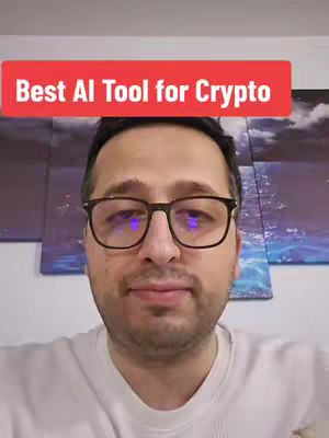 The cover image features a man with glasses in a close-up shot. A red rectangular text overlay at the top reads "Best AI Tool for Crypto". The background appears to be a white wall with some abstract artwork. The man has short hair and a light-colored shirt.