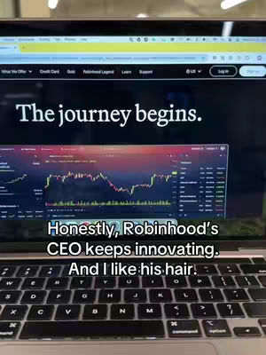 A laptop screen displaying a stock chart from the Robinhood app. Added text overlayed at the bottom of the screen, with part of a keyboard visible.