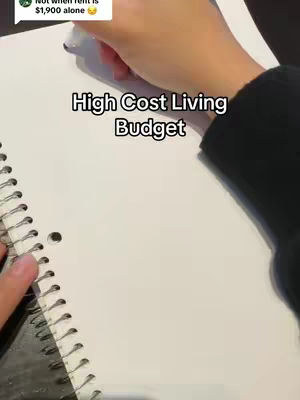 Cover image shows a person writing with a pen on a white notepad. The title 'High Cost Living Budget' is overlaid on the image. There is a comment bubble in the top left corner.