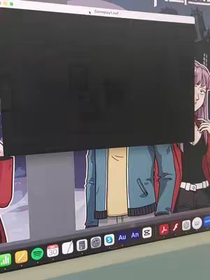 A dark computer screen is the main element in the image, the screen is surrounded by partial illustrations of cartoon characters and a desktop at the bottom. It's unclear if there's any on going video on the screen, or if it is just black.