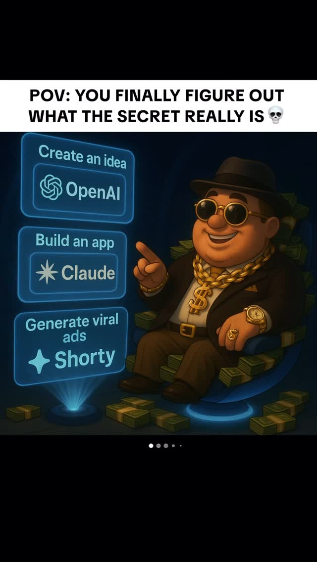 An illustration shows a cartoonish, wealthy-looking man seated on a throne-like chair made of stacks of money. He's wearing a suit, hat, sunglasses, and gold jewelry. In front of him are three illuminated blue boxes each with a title  and a logo.