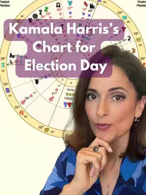 A woman in a blue top looks at the camera with an astrological chart overlay and a banner for text