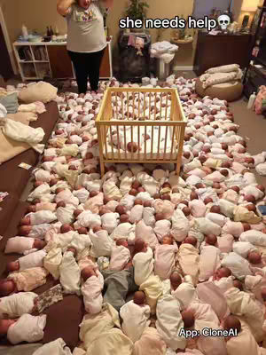 The cover image depicts a chaotic scene in a room. The floor and a part of a brown couch are covered entirely in what appears to be swaddled babies. In the center, a wooden crib contains a few more baby dolls. A woman in a gray t-shirt and black pants stands in the background looking distraught with her hands on her head. The room has basic furnishings. The overall tone is surreal and possibly disturbing.