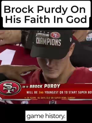 The cover image features a close-up of a man, presumably Brock Purdy, wearing a black baseball cap with the word 'CHAMPIONS' on it. He is looking down, a bit of the red jersey, and a section of a video screen showing '08 13 BROCK PURDY WILL BE 3RD YOUNGEST QB TO START SUPER BO' with team logo is visible in the image. The overall tone is reflective and celebratory.
