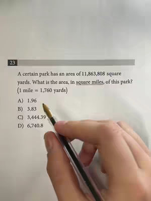 The cover image shows a close-up of a math problem written on white paper, with a hand holding a black pen pointing towards the answers. The text asks an area calculation question related to a park. The layout has black text on a white background with answer choices labeled A through D.