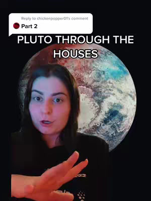 A medium shot shows a woman speaking directly to the camera while holding her right hand in front of her; behind her is a blurred image of a teal and red planet. Overlay text in a speech bubble indicates the video is part 2 of a comment reply.