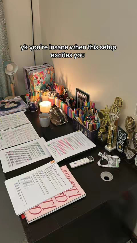 The image displays a well-organized desk setup with various study materials. The desk is dark, and the surface is covered with open notebooks filled with handwritten notes, papers with highlighted text, pens, markers, and trophies. A small lamp, a candle, and a mug add to the ambiance. There is a text overlay saying 'yk you're insane when this setup excites you.'