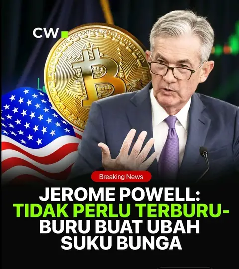 The cover image features a composite design with a prominent figure, identified as Jerome Powell, the Chairman of the Federal Reserve, in a business suit. In the background, there is a large golden bitcoin, and a waving U.S. flag. The text overlay includes the words "Breaking News" and a headline in bold, white, sans-serif font set against a solid black background.