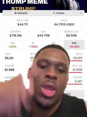A man with short hair and a goatee points towards the camera. Behind him is a digital display with cryptocurrency data: token price, liquidity, market cap, and trading activity.