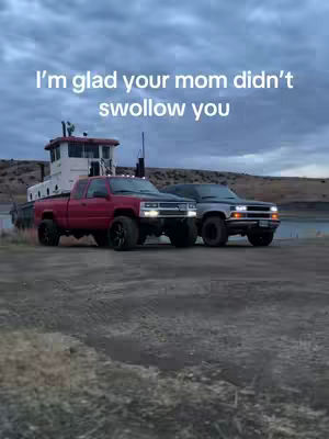 The image shows two trucks parked on a somewhat gravelly surface, with a barge-like structure in the background under a cloudy sky. Text overlayed at the top reads, 'I'm glad your mom didn't swallow you'.
