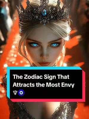 The cover image features a close-up of a woman with fair skin looking towards the viewer with blue eyes. The woman is wearing a sparkly crown, and has blonde hair in ringlets that cascade down either side of her face. The image is overlaid with a black rectangle that displays the white text, "The Zodiac Sign That Attracts the Most Envy." At the foot of the image, are two symbols, the astrological symbol for Neptune, and a blue eye with a white pupil, which is an evil eye symbol.