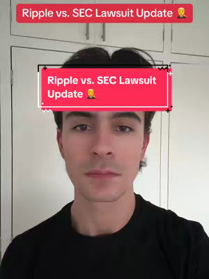 A selfie-style shot of a man against a plain white background. The person is looking towards the camera with a neutral expression. At the top of the frame, there's a red rectangular overlay with white text indicating the video's topic. Overlaid text includes title of "Ripple vs. SEC Lawsuit Update".