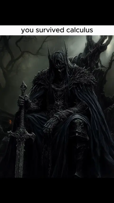A digital artwork depicts a dark figure in a black, detailed outfit holding a sword, set against a shadowy, blurred background of trees and foliage. Above the figure, white text, appears on a black banner, reads "you survived calculus". The artwork has dark tones and depicts a gothic fantasy theme.