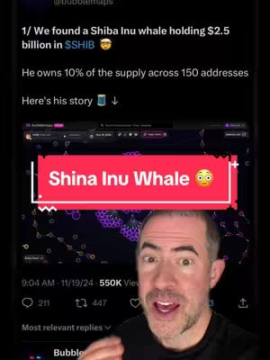 The cover image shows a man looking at the camera and talking. Overlayed on the image is text and a screenshot of data related to cryptocurrency. The man has short brown hair and is wearing a black t-shirt. The background has various purple and dark elements.