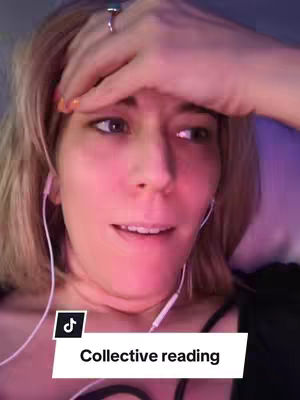 A close-up shot of a woman with blonde hair and fair skin. She is wearing white earbuds and has her hand on her forehead. A white banner with black text overlayed at the bottom of the frame.