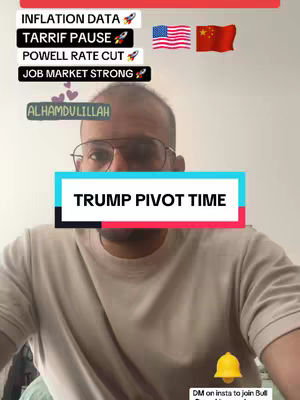 A selfie-style video cover image features a man with glasses in front of a white wall. The image has overlaid text boxes. There's text at the top-left describing market data and indicators, American and Chinese flags are visible. In the center is a cyan rectangle with the words 'TRUMP PIVOT TIME'. Below that, the man appears to be in front of plain walls, and a yellow bell icon with a text about contact is at the bottom. The composition is simple, the focus is on the man and the overlaid text elements.