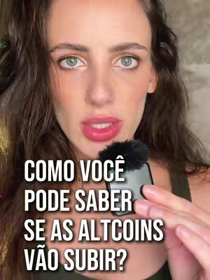 A close-up shot features a woman with long dark hair, light skin, and light-colored eyes. She has red lipstick and a microphone close to her mouth. Text overlays in white font, asking "Como você pode saber se as altcoins vão subir?" (How can you know if altcoins will go up?). The background appears blurred, suggesting a focus on the woman and the text.