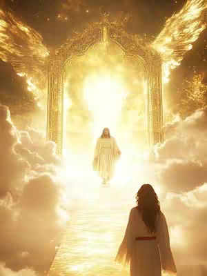 The image portrays a celestial scene with a radiant, golden archway at the center, flanked by wings of fire-like energy. In the mid-ground, a figure resembling Jesus is walking towards the viewer, enveloped in a white robe and a bright light. Below, a woman, also in a white robe, is seen from behind, on the path towards the archway of light. The overall color scheme is a blend of warm golds, whites, and oranges, suggesting a heavenly or spiritual setting.