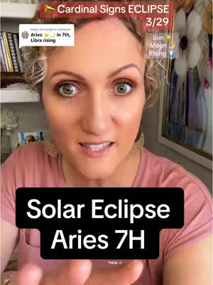A woman with fair skin and curly light brown hair looks directly at the camera. Overlay text at the bottom reads 'Solar Eclipse Aries 7H'. The woman has visible eye makeup and is wearing a pink shirt.