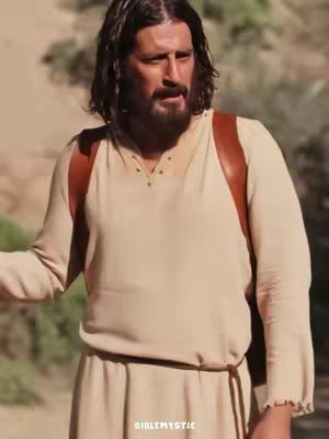 The cover image features a medium shot of a man resembling Jesus, standing outdoors in a desert-like environment. He wears a light-colored tunic, and has long hair and a beard. The image has a warm color palette with natural lighting. The man has brown leather straps.