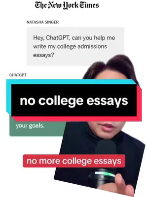 The cover image features the New York Times logo at the top, with text bubbles suggesting a conversation with ChatGPT about college admission essays. Below, the creator, a man wearing a black turtleneck, holds a microphone, overlaid with text that reads "no college essays".